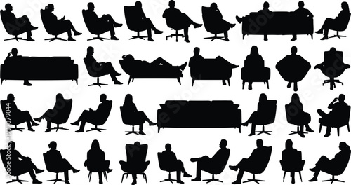 people sitting silhouettes collection, relaxing chair sofa poses set, men women lounge positions, furniture lifestyle figures, black vector illustration