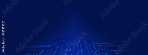 Dark blue technology background featuring a circuit board in perspective with wide copy space above. Glowing digital paths symbolize connectivity data processing, and innovative tech solutions