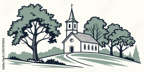A church with a steeple and trees on a hill Vector