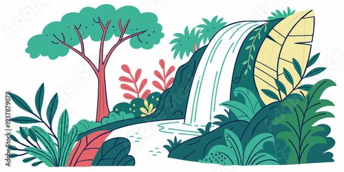A lush forest with a waterfall and trees Vector