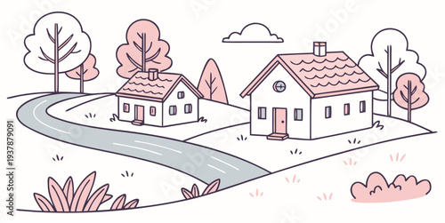 A suburban neighborhood with two houses and a road Vector