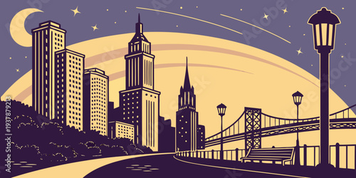 Cityscape at dusk with a bridge and tall buildings Vector
