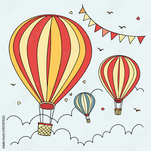 Hot air balloons flying in the sky with a pennant Vector