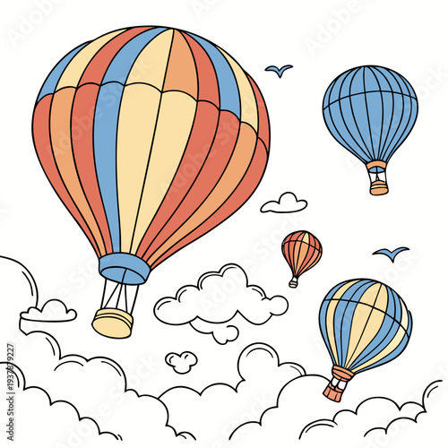 Colorful hot air balloons flying in the sky with clouds Vector
