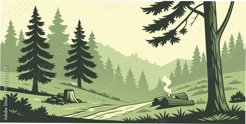 A serene forest landscape with a stream and trees Vector