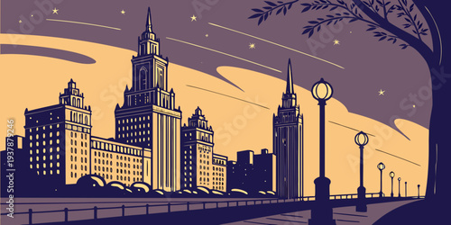 A city skyline at dusk with a tree and street lamps Vector