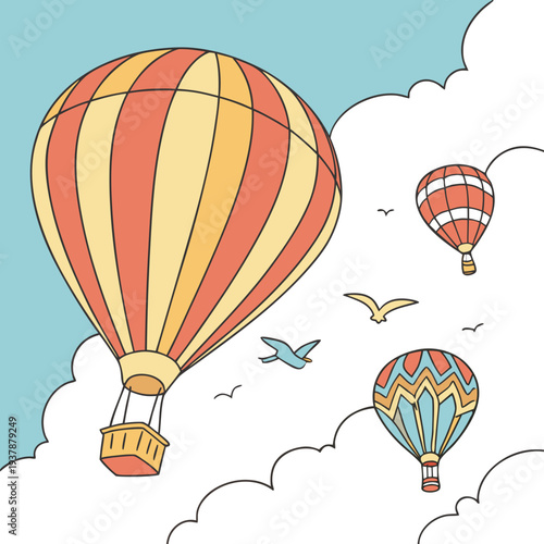 Hot air balloons flying high in the sky with clouds Vector