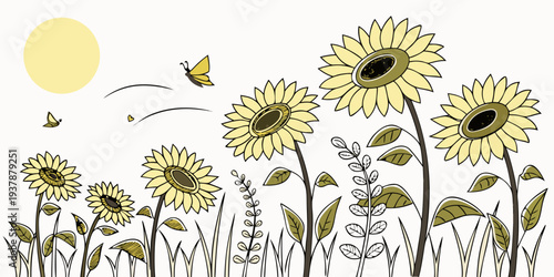 A field of sunflowers on a sunny day Vector
