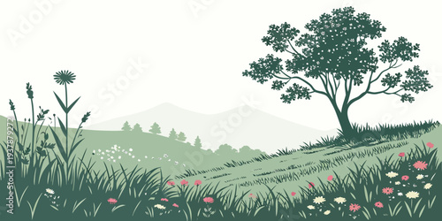 A serene landscape with a tree and colorful flowers Vector