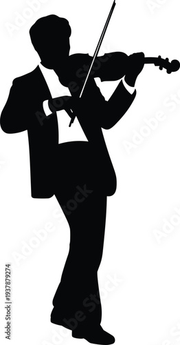 Black and white silhouette vector illustration of a professional male violinist in a suit playing the violin, ideal for classical music themes.