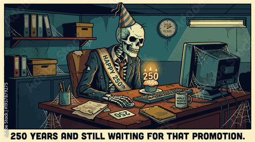 250 Years and Still Waiting for That Promotion - Humorous Skeleton Office Worker Illustration for Career Satire