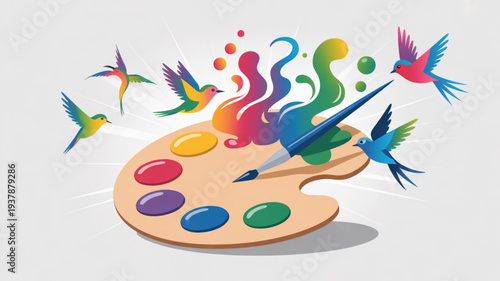 Vibrant paint palette with colorful birds and swirling paint splatters symbolizing creativity and artistic expression in a lively setting