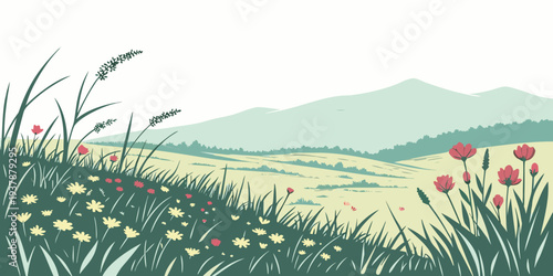 A serene landscape with a field of flowers and a mountain range Vector