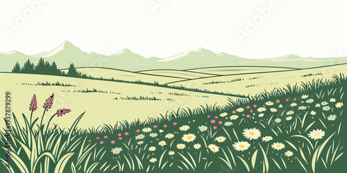 A serene landscape with a field of flowers and a mountain range Vector