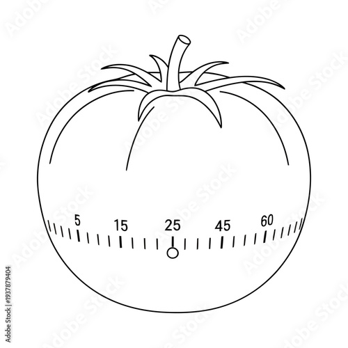 Creative tomato timer with minimalistic line art design featuring a white background clean strokes and precise minute markings
