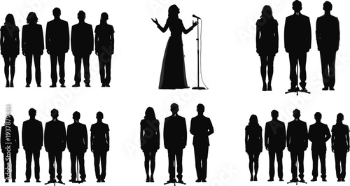 Choir and speaker silhouettes with woman singing at microphone and group standing isolated on white background, music performance, public speaking and event concept