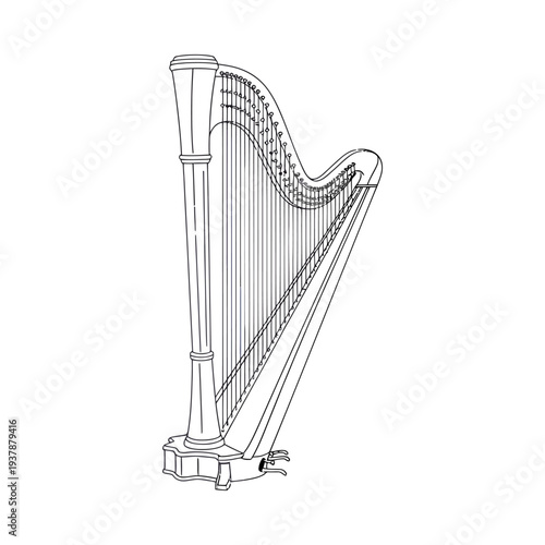 Elegant harp standing upright with intricate details and strings in a monochromatic black and white sketch style