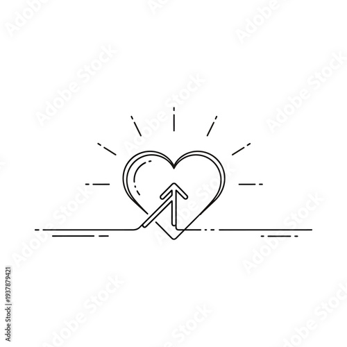 Minimalist heart symbol with upward arrow and radiating lines conveying love growth and positivity set against a clean white background for modern design