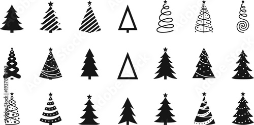 Set of 21 Minimalist Black Christmas Tree Icons and Flat Vector Silhouettes for Winter Holiday Design, Festive Greeting Cards, and New Year Graphic Decorations