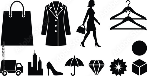 Set of Black Fashion and Lifestyle Icons Featuring Shopping Bag, Elegant Winter Coat, Stylish Woman Walking, Delivery Truck, Jewelry, and Retail Accessories for Design