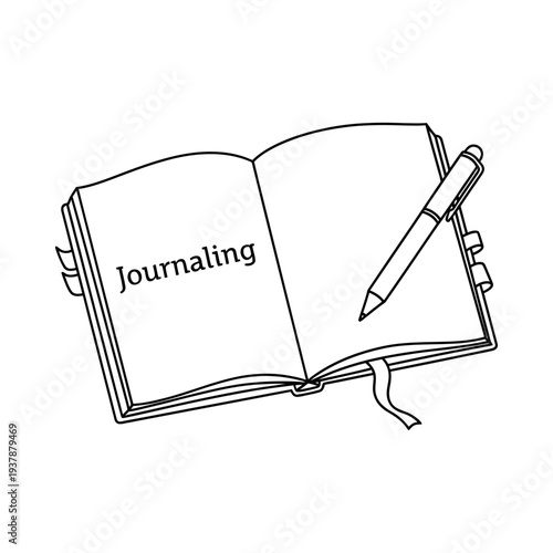 Open journal with pen on white background illustration of journaling concept with blank pages and writing utensil perfect for stationery and creativity themes