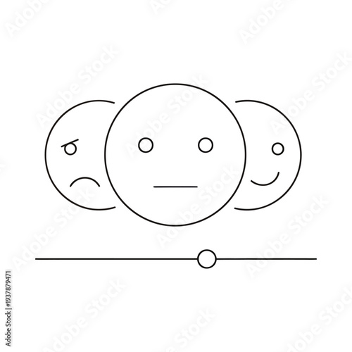 Three stylized faces showing sad neutral and happy expressions with a sliding scale indicator below minimalistic design black and white illustration