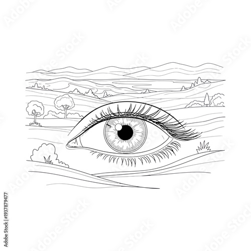 Surreal black and white illustration of human eye with landscape reflection in iris detailed eyelashes and terrain background