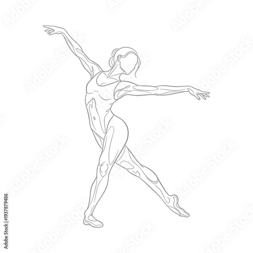Dynamic female dancer pose in minimalist style elegant line art illustration showcasing graceful movement and artistic expression