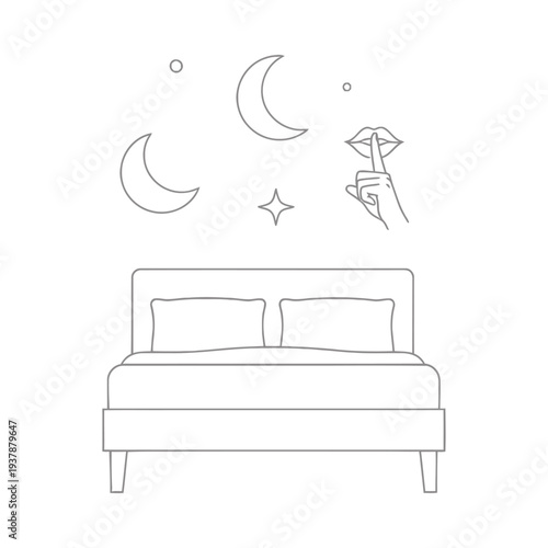 Minimalist bed with pillows under whimsical crescent moons stars and paper airplane in a dreamy night themed illustration
