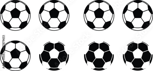 Set of classic soccer ball icons and stylized football silhouettes with pentagon patterns isolated on white background for sports competition and athletic equipment design