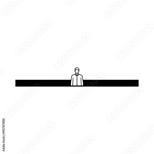 Minimalist silhouette of a single person standing alone against a stark black horizontal line on a clean white background conveying simplicity and isolation