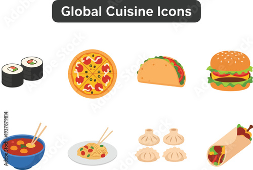 Icons of global food sushi pizza taco burger soup pasta dumplings burrito