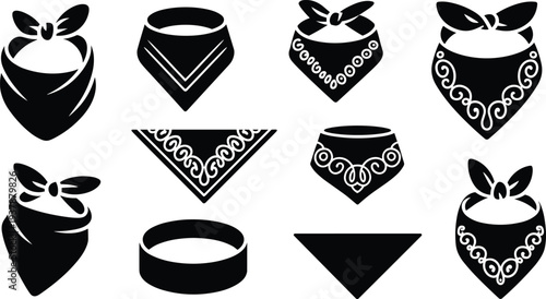 Bandana, Set, Scarf, Neckwear, Fashion, Accessory, Clothing, Style, Textile, Pattern, Black, Silhouette, Icon, Illustration, Isolated, Design, Collection, Apparel, Template, Symbol