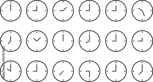 Set of Minimalist Analog Clock Faces Showing Different Times Isolated on White Background for Time Management Education Learning and Schedule Planning Icons Graphic Design
