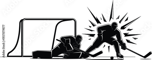 Black and White Vector Silhouette Illustration of Ice Hockey Players Competing Near Goal Net with Puck and Dynamic Shattered Glass Effect Action Background