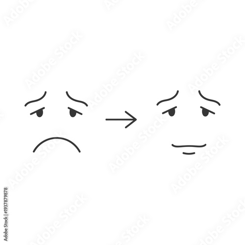 Transformation of sad face to happy face with simple line art illustration on white background emotive facial expressions change