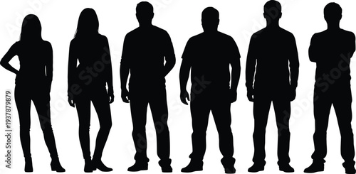 people standing silhouettes set, men women full body figures, casual lifestyle characters collection, isolated black vector illustration