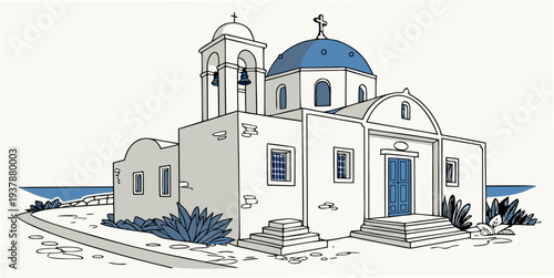 A white church with blue domes and a body of water Vector