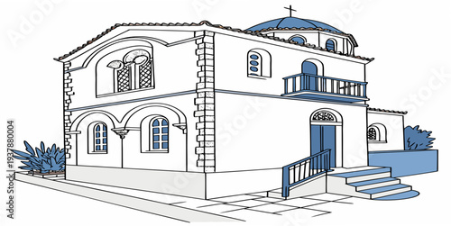 A white house with blue trim and stairs Vector