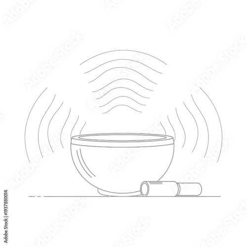 Hand drawn illustration of a singing bowl with sound waves radiating outward minimalist design spiritual and meditative concept clean white background simple line art style