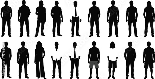 people standing silhouettes collection, men women full body figures, casual lifestyle characters set, isolated black vector illustration