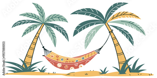 A hammock between two palm trees on a beach Vector