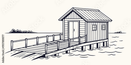 A small wooden house on stilts with a dock Vector