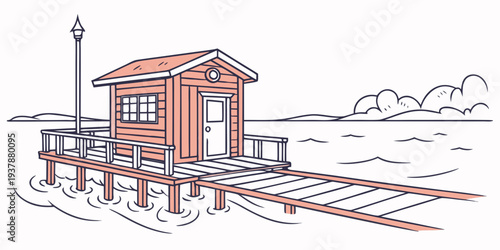 A small orange building with a platform and train tracks Vector