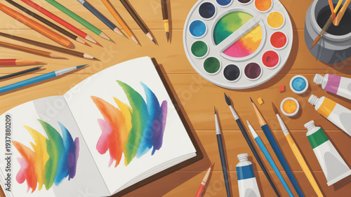 Vibrant art supplies and colorful painting materials on a wooden desk with an open sketchbook