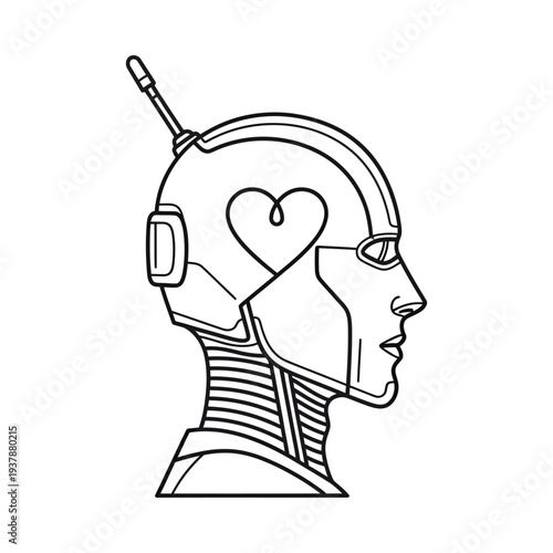 Futuristic robot head with heart symbol and headphones monochrome line art style minimalist sci fi concept illustration in black and white