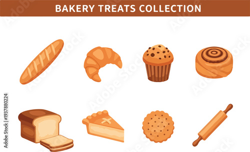 Illustration featuring various baked goods There is a baguette croissant muffin cinnamon roll loaf of bread pie slice cookie and rolling pin