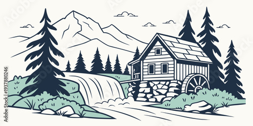 A house by a waterfall in a forested mountainous area Vector