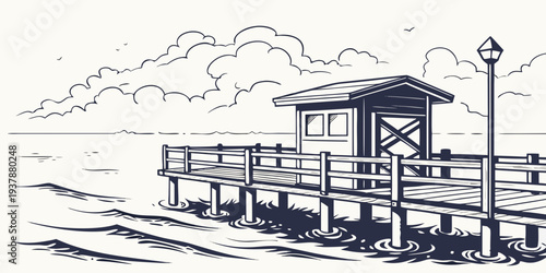 A small building on a pier with a street light Vector