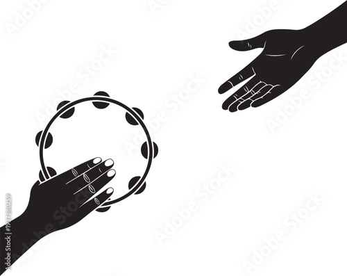 Black silhouette of hands reaching for a tambourine musical instrument isolated on transparent grid